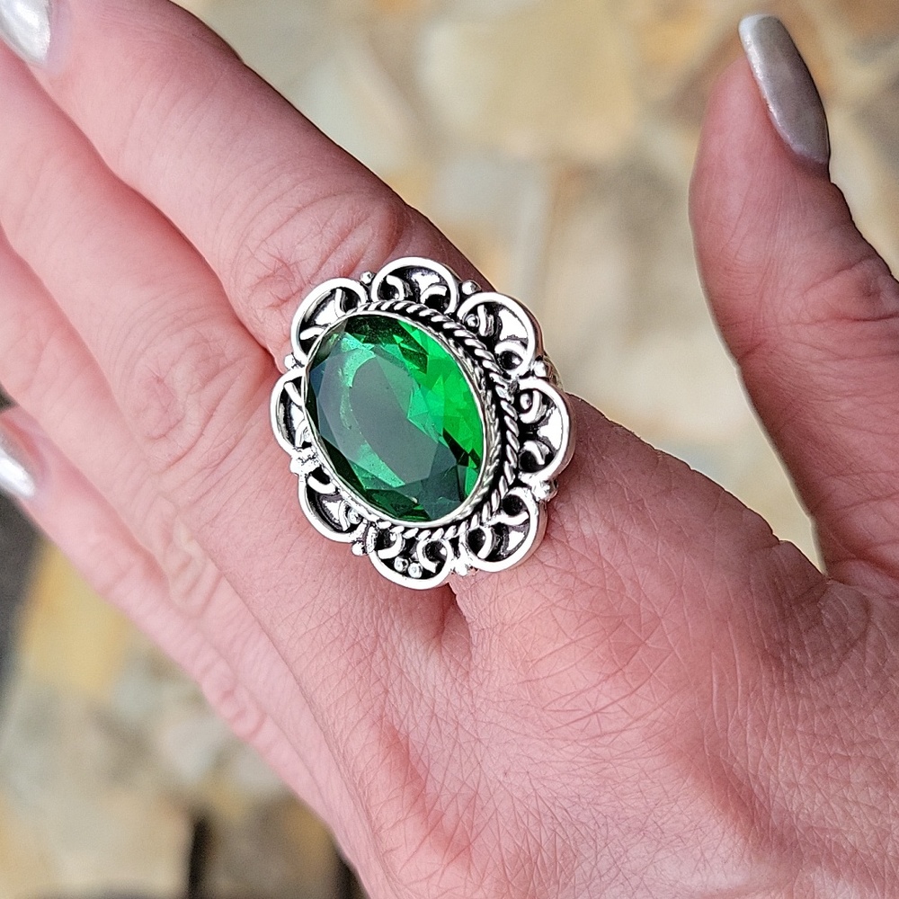 Faceted Synthetic Emerald Sterling Silver Ring